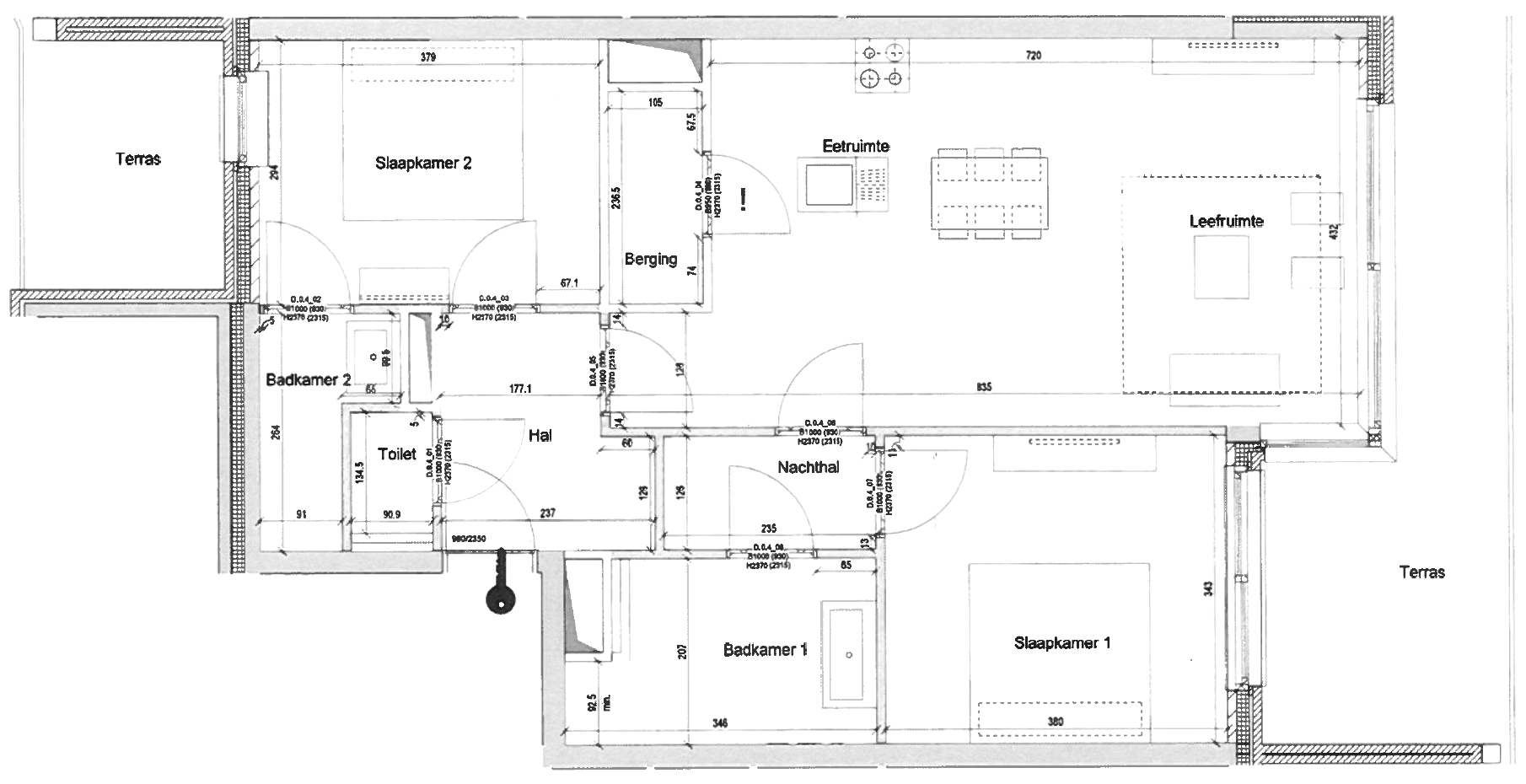 Plattegrond appartement Veerdijk 128 Walsoorden met twee slaapkamers, twee badkamers en twee terrassen